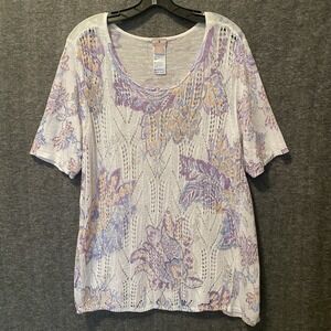 Chicos Sweater‎ Womens 4 XXL Floral Linen Blend Open Knit Tunic Beach Lagenlook